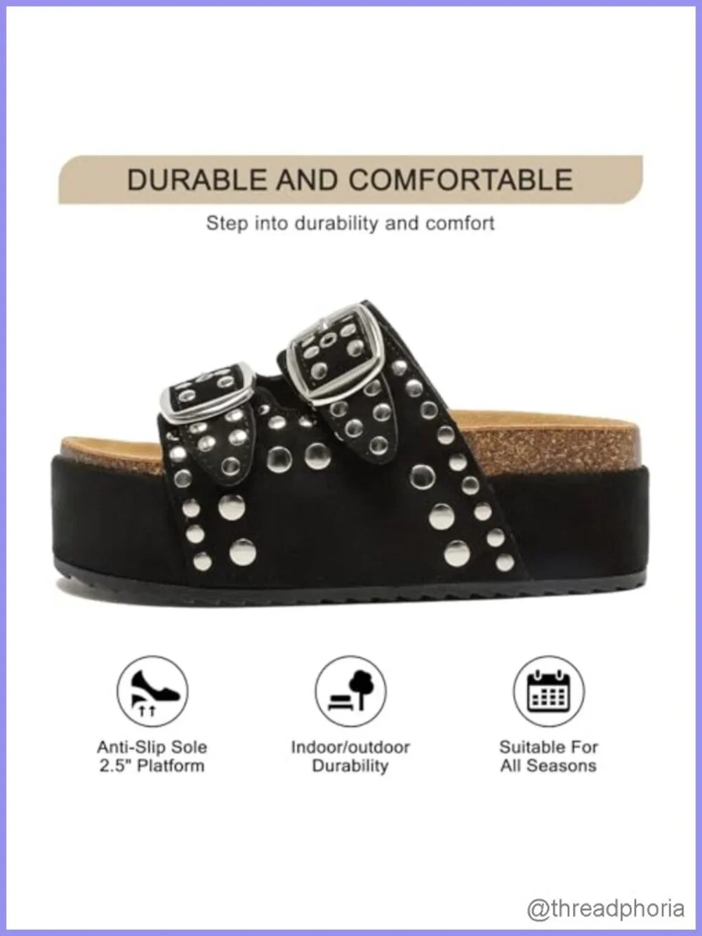 Women's Suede Platform Sandals Studded Chunky Slides Double Buckle Cork Footbed